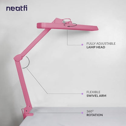 Neatfi XL 2,500 Lumens LED Task Lamp, 22 Inches Wide, 30W, 162 Pcs SMD LED, Eye-Caring, Desk Light with Clamp for Home, Office, and Study Room (Non-CCT, Pink)