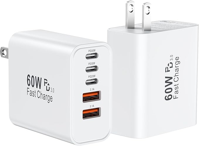USB C Fast Wall Charger Block, 2Pack 60W USBC Charging Cubes, 5-Port PD+QC Power Adapter Multiport Brick Type C Box Plug for iPhone 16/15/14/13/12/11/Pro Max/Plus, iPad mini/Pro,Galaxy S25/S24