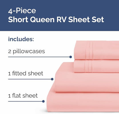 RV Short Queen Sheet Set 60 X 75 - 4 Piece RV Short Queen Bed Sheets - Soft, Breathable & Cooling - Designed for Bunks, Trailers & Campers - Fits 8” to 12" Mattress - Hotel Luxury Bedding - Baby Pink
