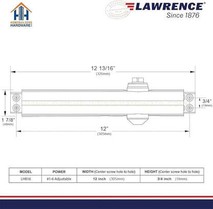 Lawrence Heavy Duty Door Closer Commercial Grade 1 - Adjustable 6-Speed Delayed-Action Door Control with 3 Pistons – Flexible Installation with Included Hardware - Embassy Series LH816