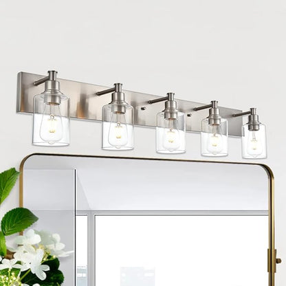 TODOLUZ 5-Light Vanity Light Fixture in Brushed Nickel, Clear Glass Bathroom Light Over Mirror, Modern Wall Sconce Lighting for Living Room