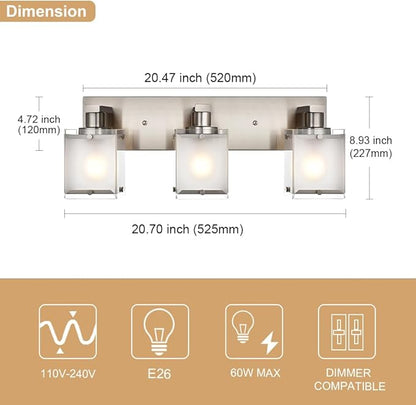 WINSHEN Modern 3-Lights Brushed Nickel Vanity Lights, Bathroom Light Fixture Over Mirror Wall Lighting Sconces with Frosted Glass Shades, E26 Bulb Base