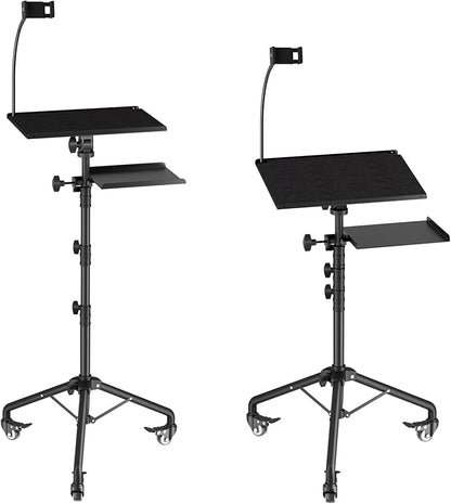 OUKMIC Projector Stand Tripod Laptop Tripod on Wheels with 2 Shelves, Adjustable Height 26 to 49 Inch Portable Podium Stand with Gooseneck Phone Holder for Office, School, Home, DJ Racks