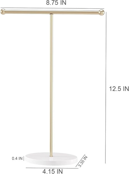 Justsoso Metal T-Bar Necklace Holder Stand, Necklace Hanging Display Stand, Tabletop Jewelry Organizer Stand for Necklace Bracelet Earring Display (Gold With Solid Acrylic Base)