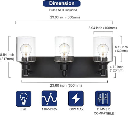 TODOLUZ Industrial Wall Sconce Lighting in Matte Black Finish, 3-Light Bathroom Vanity Light Fixtures with Clear Glass Shades (E26 Bulb Base)