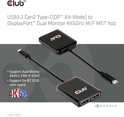Club 3D CSV-1555 USB3.2 Gen2 Type-C(DP Alt-Mode) to DisplayPort Dual Monitor 4K60Hz M/F MST hub