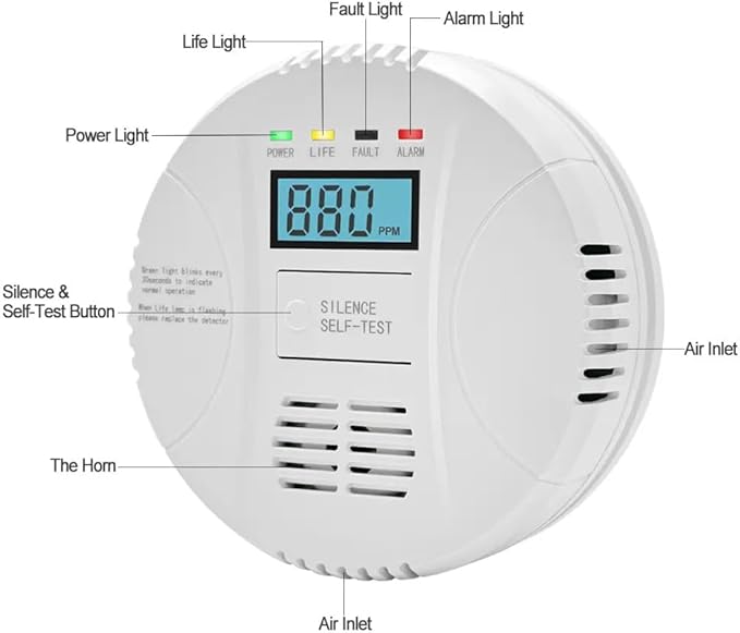 Carbon Monoxide Detector, VzmcovCO Monitor Powered by AA Battery (not Included), with LCD Digital Display, Used for Voice Alarm in Home Office, Hotel Garage, Kitchen, Bedroom, Living Room (1Pack)