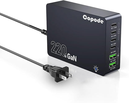 220W USB C Charger Block, 6-Port GaN USB C Charging Station PD 100W PC Laptop Fast Charger Adapter Compatible with iPhone 17, Galaxy 25, MacBook,ipad and More Devices(Black)