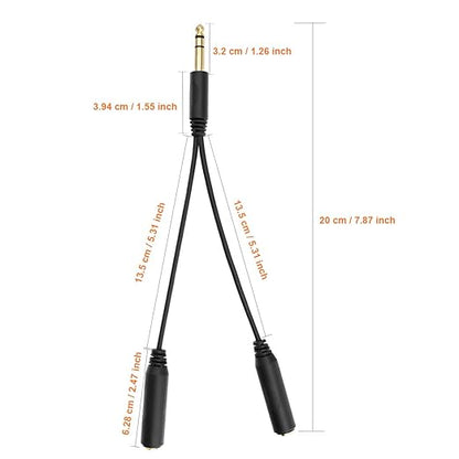 TISINO 6.35mm (1/4 inch) Jack Splitter Cable, 20cm (8 inches), Headphone Splitter Cable, Splitter, Stereo Male to Dual Stereo Female Jack, Compatible with Headphone, Amplifier, Karaoke