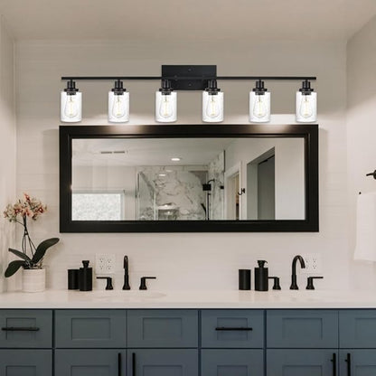 WINSHEN 6-Light Seeded Glass Vanity Light Fixtures in Matte Black Finish, 45.3 Inches Length Modern Bathroom Wall Lighting Over Mirror Wall Mount Lights