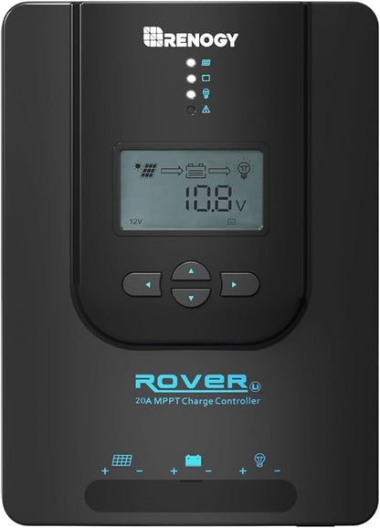 Renogy Charge Controller-Rover 20A MPPT 12V/24V Auto-Detect LCD Display | 99.9% Efficiency for Gel/Flooded/Lithium Batteries | Dual-Peak Tracking & Modbus Support