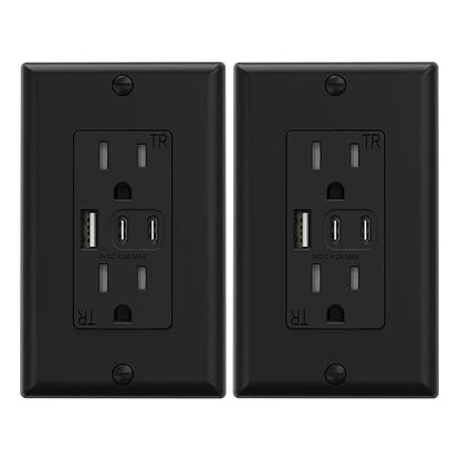 ELEGRP USB Outlets, 15 Amp Wall Outlet with 3 USB Ports, Dual USB C Ports Outlets, TR Tamper-Resistant USB Outlets Receptacles, Wall Plate Included, UL/CUL Listed, 2 Pack, Black