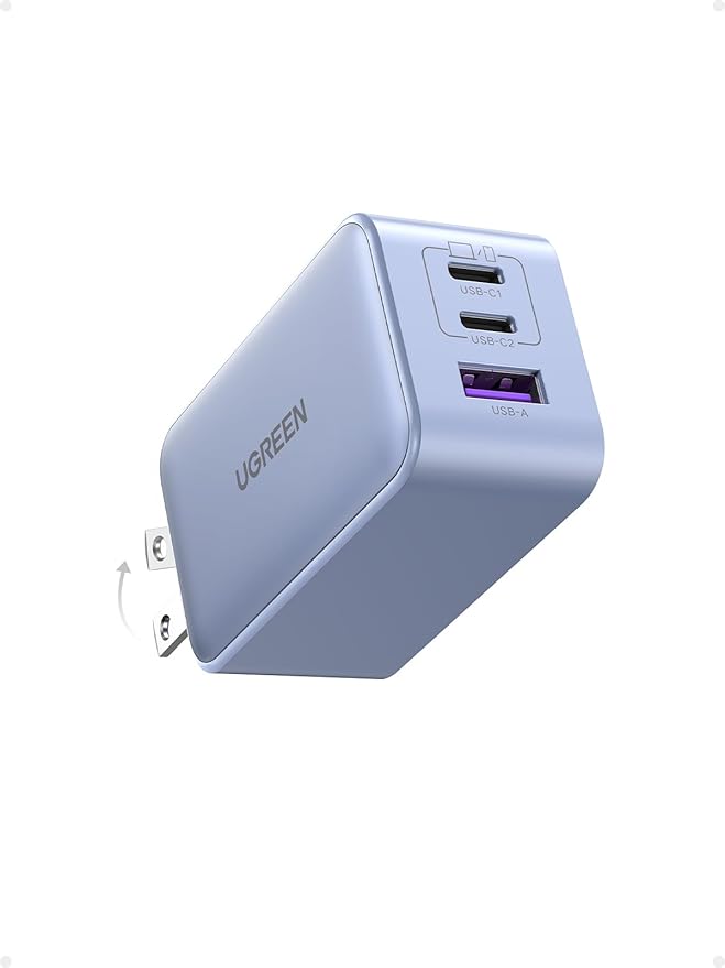 UGREEN 65W USB C Charger Block, Nexode 3-Port GaN Fast Type C Charger, Compact Foldable Power Adapter for MacBook Pro/Air, Dell XPS, iPhone 16/15, iPad Pro, Galaxy S25, (Glacier Blue)