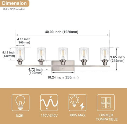 WINSHEN 40-Inches Length Bathroom Vanity Lighting Fixtures Over Mirror in Brushed Nickel, 5-Lights Industrial Sconce Wall Lamp with Seeded Glass Shades