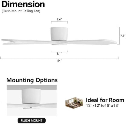 WINGBO 54" Flush Mount DC Ceiling Fans Without Lights, 5 Carved Solid Wood Blades, 6-Speed Reversible DC Motor, Low Profile Hugger Ceiling Fan No Lights for Living Room Bedroom Patio, Gloss White