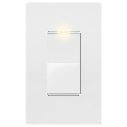 LIDER Minimalist Design Matte Finish Lighted Decorator Switch with Screwless Wall Plate, Frameless Paddle Light Switch with Locator Light, Single Pole, Grounding Screw, 15A 125V, UL Listed, White