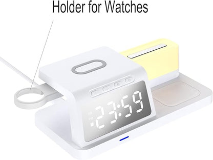 FJHBL Multi-Functional Wireless Charger with Clock -HT309(White), Alarm, Color-Switchable Night Light, 15W Wireless Charging, Compatible with Almost All Qi-Enabled Phones, Watches, and Earbuds.