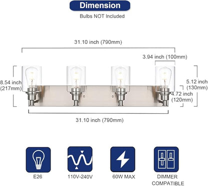 TODOLUZ Bathroom Vanity Light Fixtures, 4-Lights Modern Brushed Nickel Wall Mounted Lamp with Clear Glass Shade for Bedroom Over Mirror