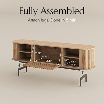 POVISON Fully-Assembled Mid Century Modern TV Stand for 70 inch TV, Sliding Door Entertainment Center with Storage, Wood TV Console, Media Console for Living Room Bedroom(Oak, 70.87")