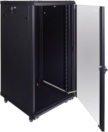 NavePoint 22U Server Cabinet Wall Mount Rack Enclosure with Caster Wheels, 2 Fans, Locking Glass Door, Removable Side Panels – 22U Network Cabinet 23.6” Deep, 19” Server Rack for A/V Equipment