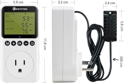 KETOTEK Digital Humidity Controller Outlet Plug with Sensor Probe, 120V Humidistat Controller Plug for Reptile Mushroom Greenhouse, Humidity Switch Outlet