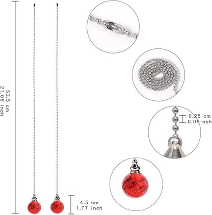 2PCS Red Pull Chain Crystal Glass Ice Cracked Ball Pull Chain for Ceiling Fan Light Decoration 50cm Extension Chain