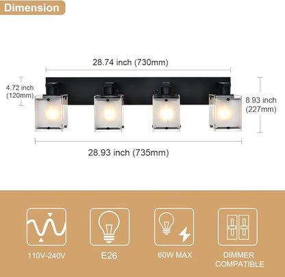 WINSHEN 4-Lights Bathroom Vanity Lighting Over Mirror, Black Bathroom Wall Light Fixtures with Frosted Rectangular Glass Shade for Bath Living Room, E26 Bulb Base