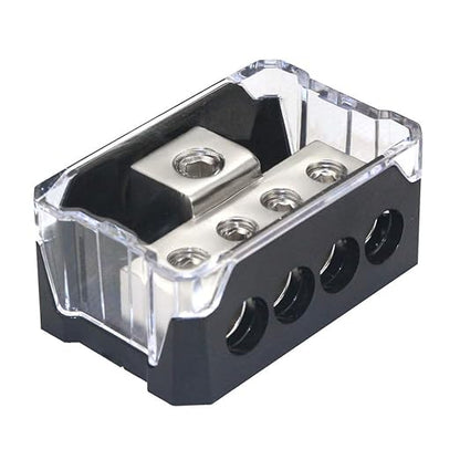 RKURCK 4 Way Power Distribution Block, 0/2/4 AWG Gauge in, 4/8/10 Gauge Out, Car Audio Stereo Amp Distribution Connecting Block for Audio Splitter (1 in 4 Out)