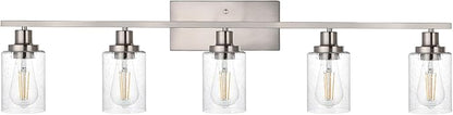 WINSHEN 40-Inches Length Bathroom Vanity Lighting Fixtures Over Mirror in Brushed Nickel, 5-Lights Industrial Sconce Wall Lamp with Seeded Glass Shades