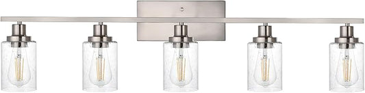 WINSHEN 40-Inches Length Bathroom Vanity Lighting Fixtures Over Mirror in Brushed Nickel, 5-Lights Industrial Sconce Wall Lamp with Seeded Glass Shades