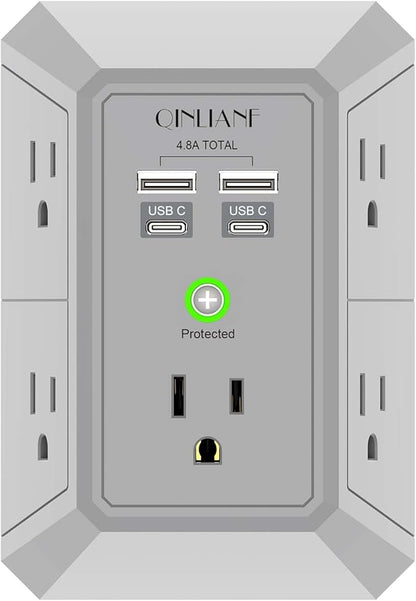 USB Wall Charger, Surge Protector, QINLIANF 5 Outlet Extender with 4 USB Charging Ports (4.8A Total) 3-Sided 1680J Power Strip Multi Plug Outlets Wall Adapter Spaced for Home Travel Office(2U2C),Grey