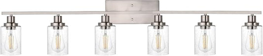 WINSHEN 6-Lights Bathroom Vanity Light Fixtures with Seeded Glass Lampshades, 45.3-Inches Length Modern Brushed Nickel Wall Light Fixture for Kitchen Bathroom Lighting