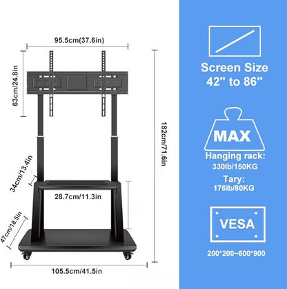 Hellsehen Mobile TV Cart,Rolling TVs Cart on Wheels Height Adjustable Heavy-Duty Floor Stand Base for 42-86 Inch LCD LED OLED Flat Panel Screens Smartboard Movable Holds up to 176lbs with Shelf