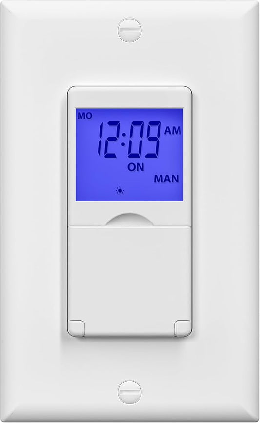 BN-LINK 7 Day Programmable in-Wall Timer Switch for Lights, Digital Light Switch Timer Indoor, Single Pole and 3 Way (Compatible with SPDT) Both Use, Neutral Wire Required, Blue Backlight, ETL Listed
