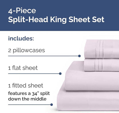 Split Head King Sheet Set – 4 Piece Flex Split Top King Sheets for Adjustable Beds - Fits 14” to 16" Mattress w/ Deep Pockets - Breathable & Cooling - Luxury Bedding and Wrinkle Free - Light Lavender