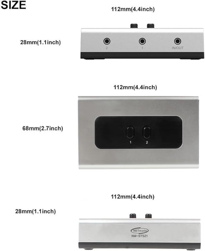 NETMATE 3-Port 3.5mm Stereo Audio Switch, 3.5mm+RCA Audio Switcher 2 Input 1 Output/Audio Splitter Bidirectional Audio Switch with Volume Control Switch Knob for Speaker Headphone