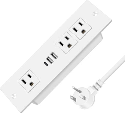 Recessed Power Strip, Furniture Plug in 3 Outlets & Fast Charging 20W PD USB-C Port & 18W/3A QC3.0 USB-A Ports Drawer Outlet with 10 FT Flat Extension Cord, White Desk Grommet Outlet for Table Top