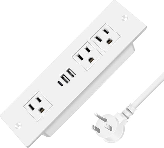 HEZI Recessed Power Strip, Furniture Drawer Outlet with 20W PD USB-C & 18W QC3.0 USB-A, Plug in 3 Outlets & USB Ports, Flush Mount 6FT White Extension Cord Conference Desk Outlets