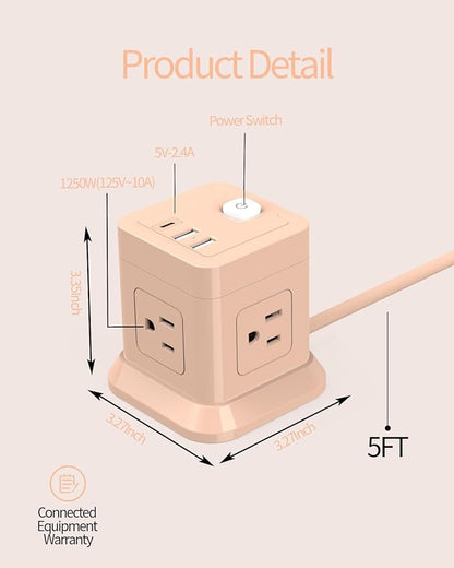 Cube Power Strip, FDTEK 4 Widely Spaced Outlet with 3 USB (1 USB C) Flat Plug Power Strips with Long Extension Cords Space Save Compact Portable for Travel Home Office Cruise (Pink)