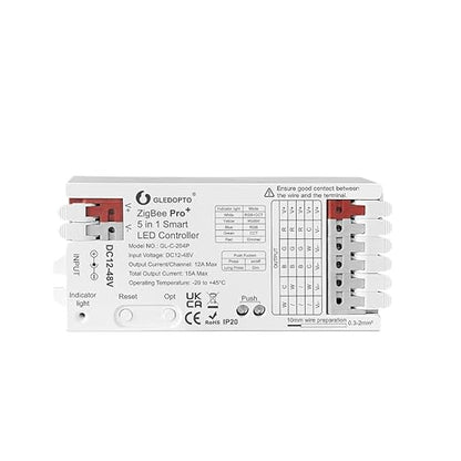 GLEDOPTO ZigBee3.0 LED Controller Pro Smart Home 5 in 1 RGBCCT RGBW RGB CCT WWCW Dimmer DC 12-48V 15A Max PWM Dimming Analog LED Strip Light Work with Hub Bridge Alexa Conbee etc (Hub Required)