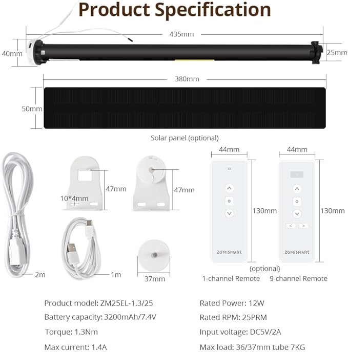 Blindsmart Rechargeable Tuya Zigbee Roller Blinds Motor for 38mm Tube, Motorized Window Shades Automatic Blinds Curtain Opener APP Control, Zigbee Hub Required (with 9-Channels Remote)