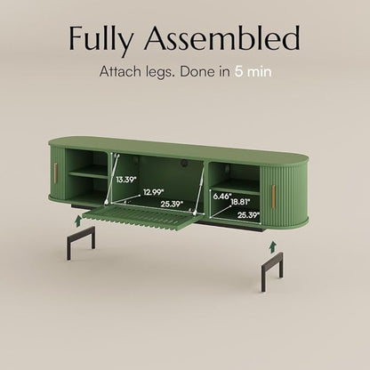 POVISON Fully-Assembled Modern Green TV Stand with Tambour Doors, Fluted TV Media Console for 65 Inch TVs, Sliding Door Entertainment Center with Storage for Living Room (Green, 70.87")