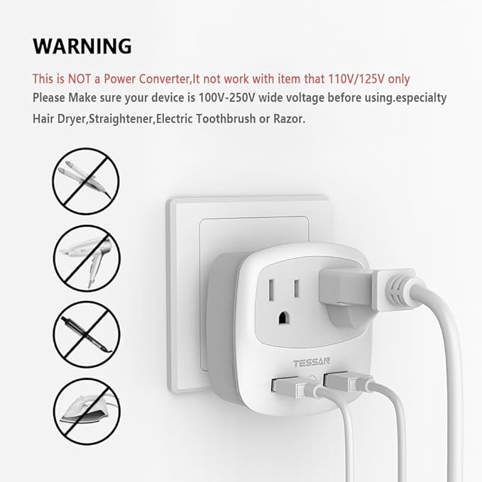 UK Ireland Travel Plug Adapter, TESSAN Type G Power Adaptor with 2 USB Charger Ports 2 American Outlets, US to Scotland London England British Irish Kenya Dubai Qatar