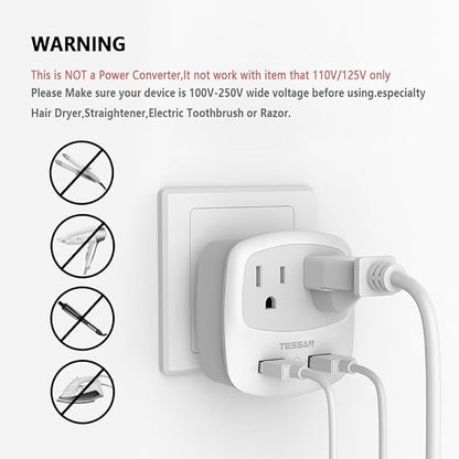 UK Ireland Travel Plug Adapter, TESSAN Type G Power Adaptor with 2 USB Charger Ports 2 American Outlets, US to Scotland London England British Irish Kenya Dubai Qatar