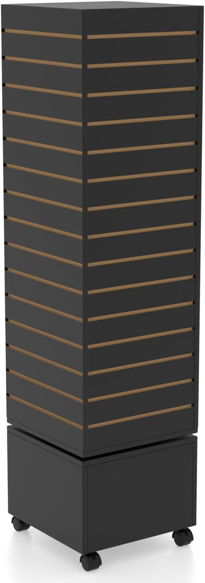 16" W * 16" D * 62" H - Black Slatwall Tower, Four Panel Slatwall Retail Fixture, Rotating Retail Display Rack