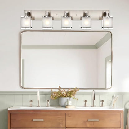 WINSHEN 5-Lights Bathroom Vanity Light Fixtures, Modern Brushed Nickel Wall Sconce Lighting with Rectangular Frosted Glass Shades, E26 Bulb Base