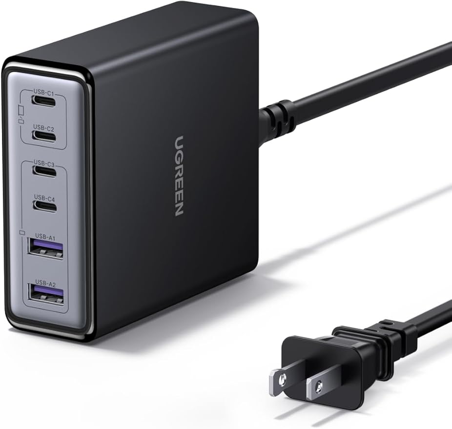 UGREEN 100W USB C Charging Station, 6-Port GaN Desktop Charger with 4 USB-C & 2 USB-A, Smart Power Distribution for MacBook Pro/Air, Dell XPS, iPad, iPhone 17/16/15, Galaxy S25/S24, Pixel 10/9