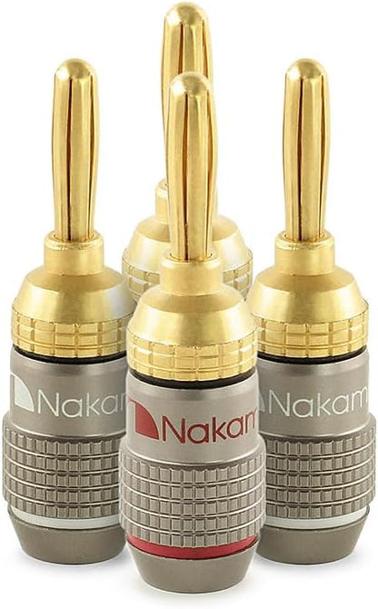 Nakamichi FanLock Excel Series 24k Gold Plated Banana Plugs 10 AWG - 18 AWG Gauge Size 4mm for Speakers Amplifier Hi-Fi Stereo Home Theatre Radio Audio Wire Cable Quick Connector, 4 Pcs (2-Pairs)