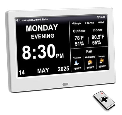 FEYBYLA 2025 New Digital Clock with Temperature/Humidity & Weather Forecast, Auto Time Sync Large Display, Custom Alarms & Medication Reminders, Ideal for Elderly(White, 7-Inch)