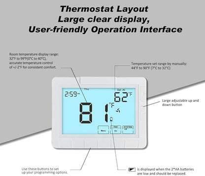 Programmable Auto Changeover Thermostat for Home, Conventional Single-Stage Systems,1 Heat/1 Cool, Extra Large Display, Smart Auto Switching,Easy-to-Use Digital Temperature Control, White Backlight